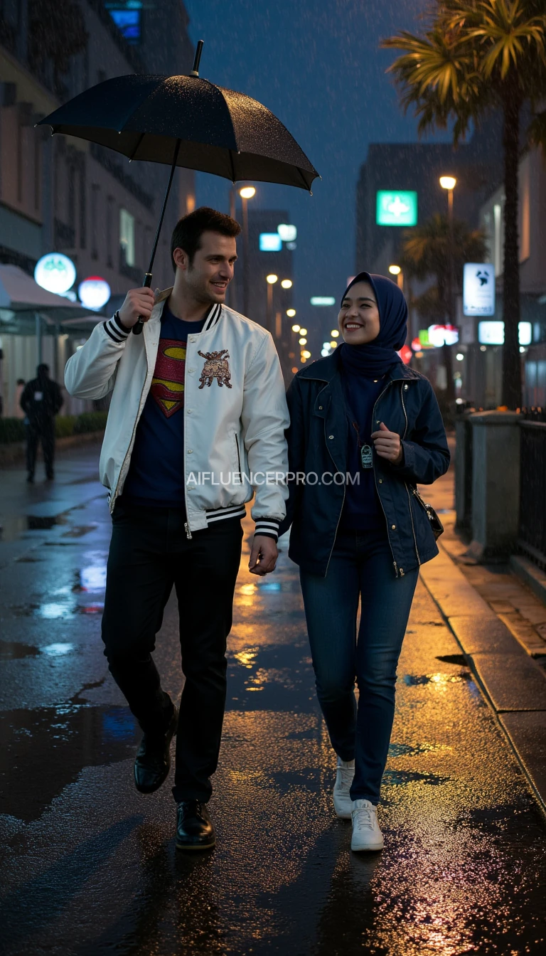Photorealistic scene: A man resembling Henry Cavill walking through the rain with his partner on a dark, wet city street. He lifts his white jacket with one hand while holding his partner's hand with the other, creating an improvised umbrella to shield them from the rain. The man is dressed in a white jacket with a visible red and yellow Superman "S" logo subtly embroidered on the chest. He wears matching black trousers, his strong jawline and warm smile glowing as he looks at his partner. His partner, with facial features reflecting the elegance of a Javanese woman, dressed in a navy hijab, a blue jacket, and jeans, smiles softly as she holds the edge of the jacket with her hand. The puddles on the street reflect shimmering city lights, creating a romantic and cinematic atmosphere amidst the rain.


