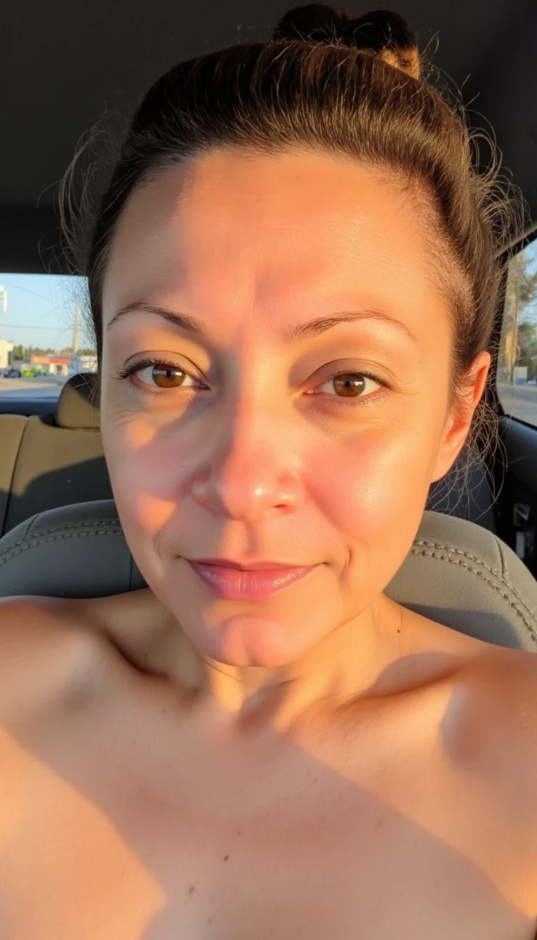 photo of a naked woman CSTMDL, boring low quality snapchat photo circa 2015, cute girl, soft light brown hair, selfie in a car, The light from the setting sun gives a soft orange glow across her face and upper body, casting long shadows