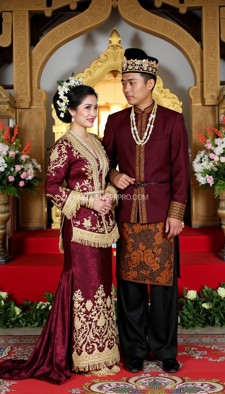 A Javanese wedding couple dressed in traditional maroon-colored attire. The bride wears an intricate kebaya adorned with golden embroidery, complemented by a traditional Javanese hairstyle with fresh jasmine flowers. The groom wears a maroon beskap with matching golden details, complete with a traditional blangkon headpiece. The setting is a ceremonial stage with Javanese cultural decorations, including batik patterns and ornate wooden carvings. The atmosphere is elegant and celebratory