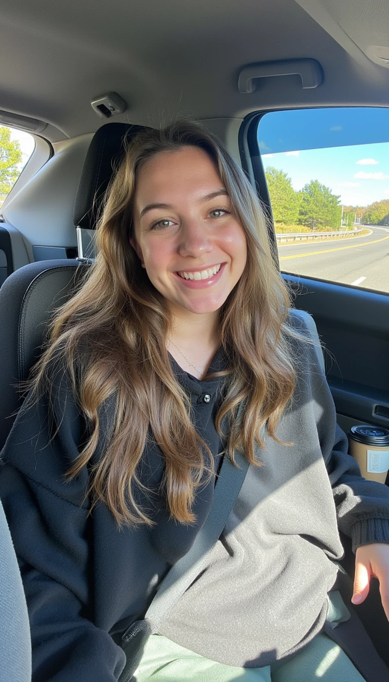 boring low quality snapchat photo circa 2015, A young woman with a warm smile, sitting in the driver's seat of a cozy car. She has soft, wavy brown hair cascading past her shoulders. The sunlight streams through the window, casting a gentle glow on her face. The interior of the car is neat and comfortable, with a coffee cup in the cup holder and a small plant on the dashboard. The background outside the window shows a scenic road lined with trees and blue skies