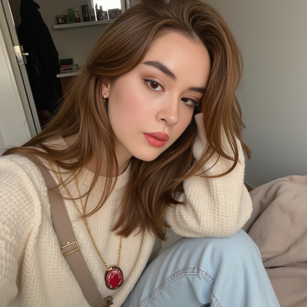 boring low quality snapchat photo circa 2015, cute woman, soft light brown hair, full outfit