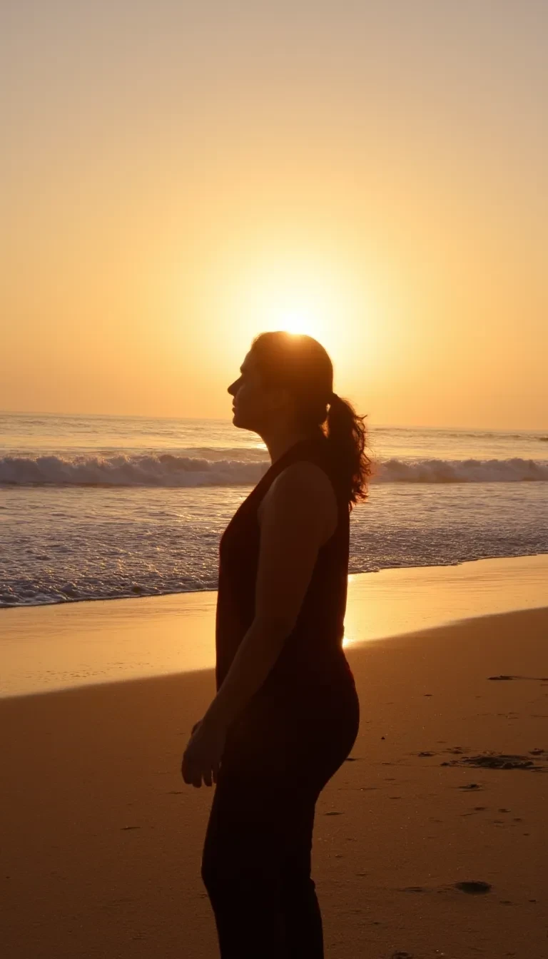 a woman standing on a sandy beach at sunset fxc00jogxw6ffkck05j6lkwz