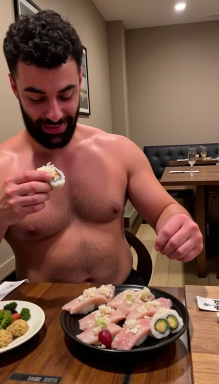 photo of man CSTMDL, fully clothed, paying thousands of dollars for sushi at a restaurant 