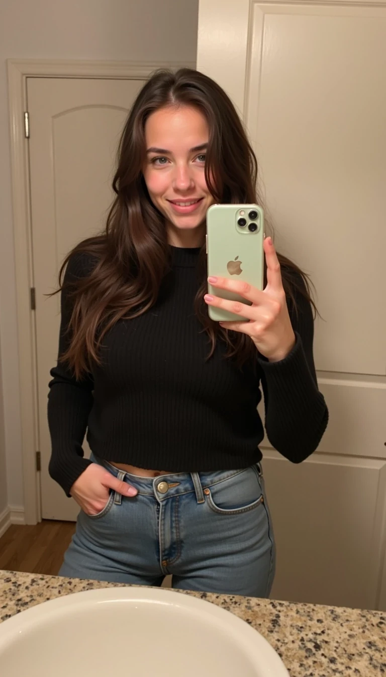 boring low quality mirror snapchat photo circa 2015, cute woman CSTMDL, selfie