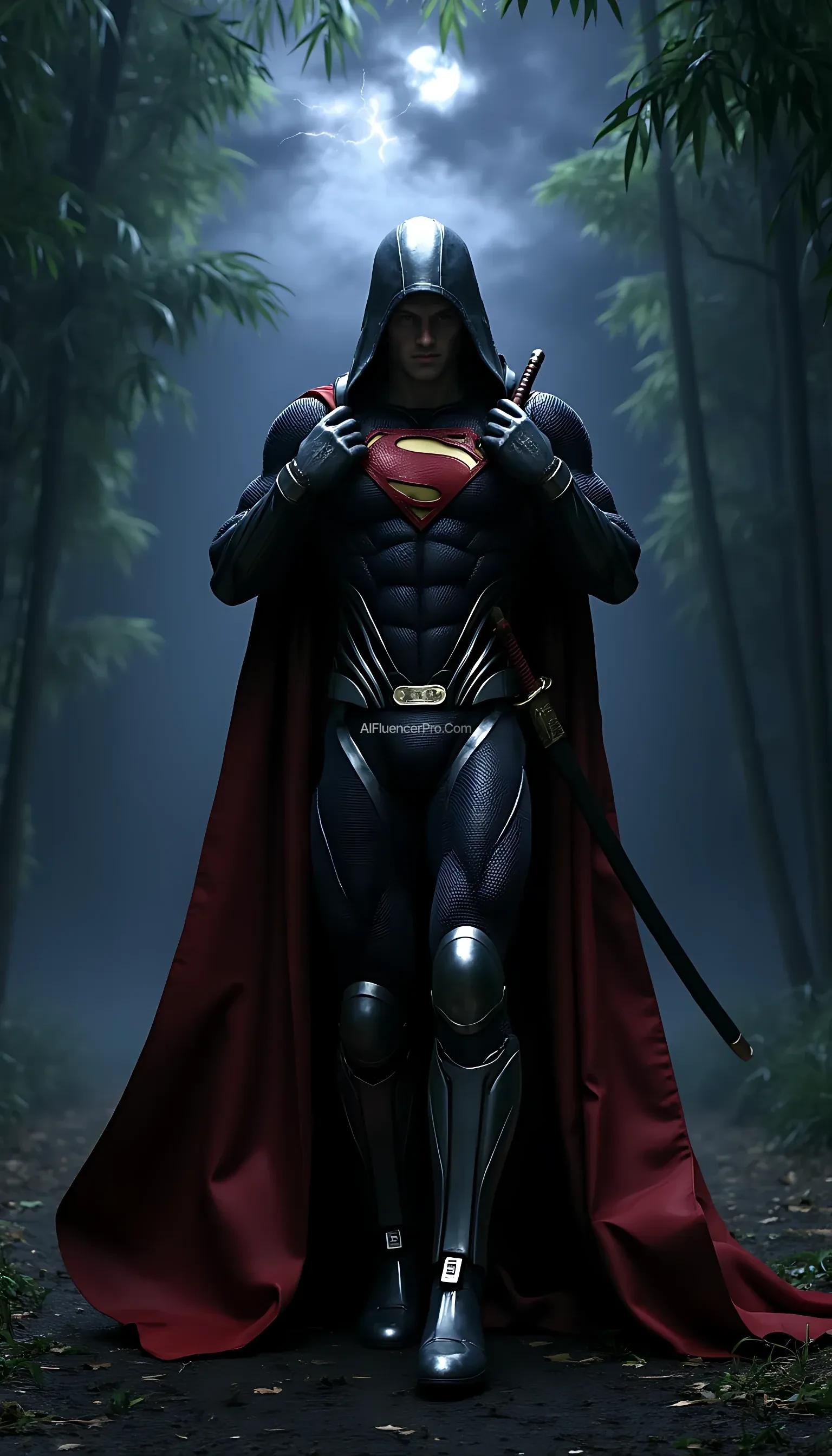A photorealistic Superman wearing a modified ninja-inspired suit, walking with purpose while pulling back the hood of his traditional ninja cloak. The suit is sleek and metallic, blending robotic elements with armor plating. As he walks, the hood is slowly drawn back, revealing Superman's determined expression. The iconic 'S' symbol on his chest gleams with power. His katana hangs at his side, ready for action. The scene takes place in a misty bamboo forest at night, where moonlight filters through the dense foliage, casting sharp contrasts of light and shadow. A distant thunderstorm flashes faint lightning on the horizon, enhancing the cinematic atmosphere. Superman walks confidently, his cloak billowing behind him as he readies himself for the coming challenge
