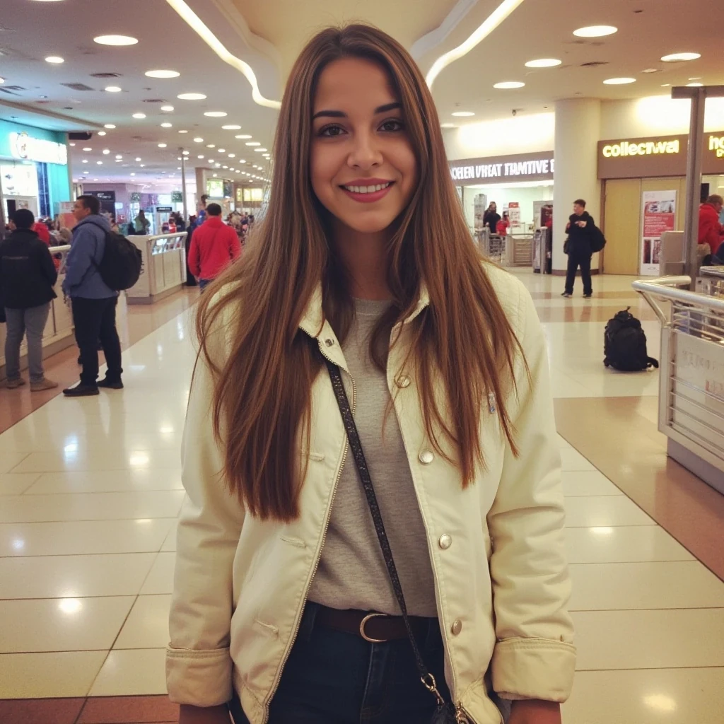 boring low quality snapchat photo circa 2015, average looking woman, full outfit, standing, soft light brown hair, mall background
