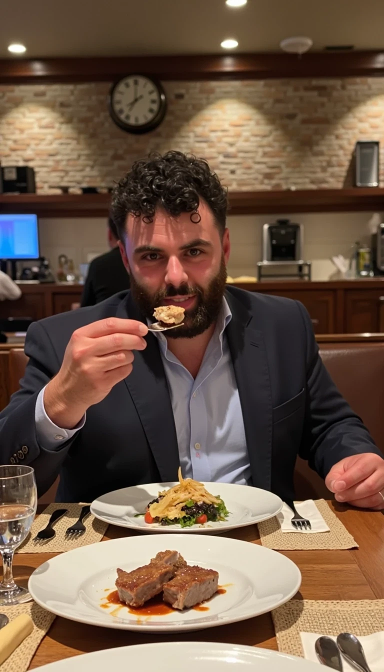 photo of man CSTMDL, fully clothed, eating cow shit in a very expensive restaurant