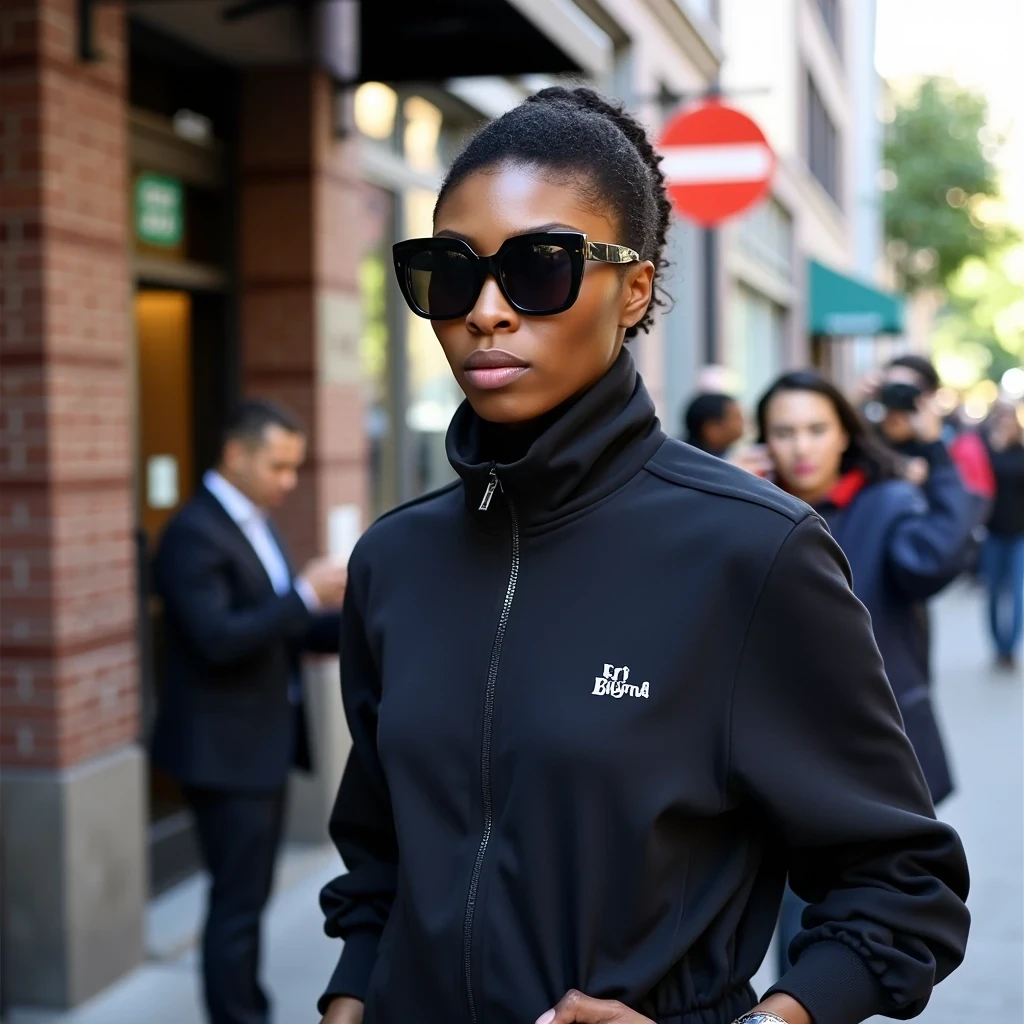 Coffee Run
Shot on Nikon Z9, 35mm f/1.4, ISO 2000, 1/160 sec. Candid morning shot outside Blue Bottle Coffee. Model in oversized sunglasses, Balenciaga track suit. Light olive brown skin natural and makeup-free, showing morning texture. Single on-camera flash mixed with morning light. Other customers in background looking at phone cameras. Slight motion blur as she walks briskly.
 CSTMDL