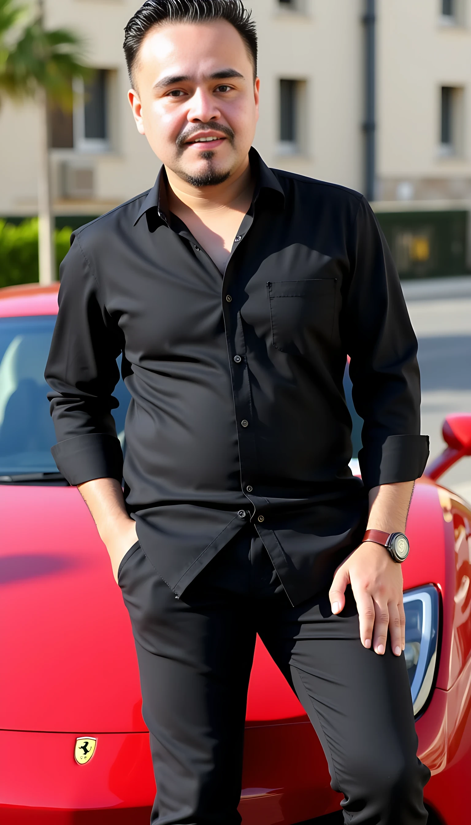 full man average body  wearing a  black dress shirt posing on a Ferrari car in a city day light background 
