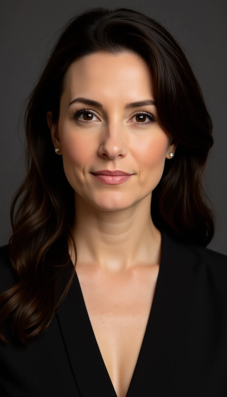 studio head-and-shoulders portrait, elegant brunette with side part, charcoal grey backdrop, soft key light from camera left, confident gaze, Ava Moreau FaceLock ::CSTMDL