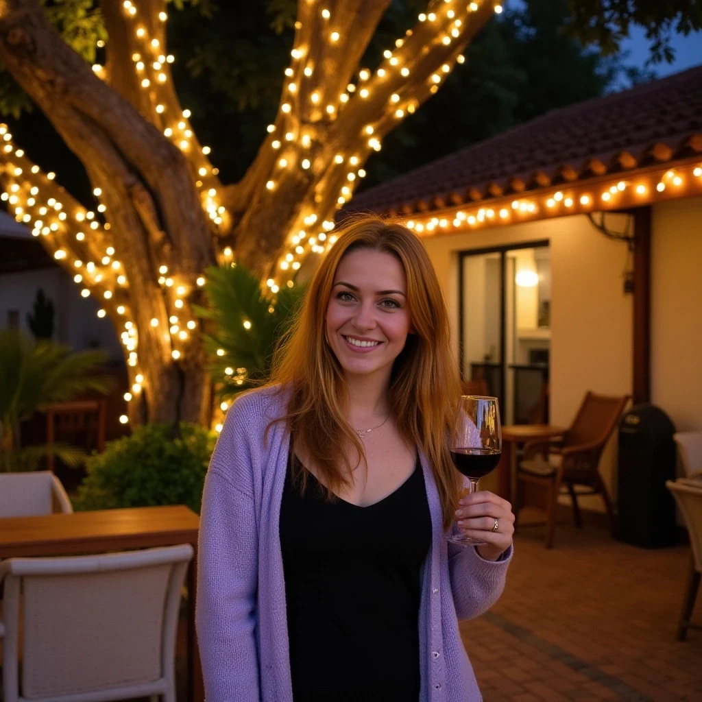 A full body shot photo of a woman standing outdoors at a cozy, warmly lit patio in the evening, with soft, glowing lights wrapped around a tree behind them creating a charming atmosphere. The image is rich in detail, with warm tones and clear textures throughout. The woman has fair skin, a slim build, and long reddish-blonde hair, also worn loose. She is smiling warmly at the camera, holding a glass of red wine in her right hand, and wears a soft-textured lavender cardigan over a black top. The background features a large tree with sparkling string lights wrapped around its trunk and branches, adding a magical touch to the scene. The setting suggests a private outdoor seating area, with elements like terracotta-tiled roofing, greenery, and rattan chairs contributing to a serene, inviting vibe. The overall composition is balanced, with the woman framed against the softly glowing tree, and the lighting enhances the warm, intimate feel of a quiet evening shared among friends. The details are vivid, with textures of clothing, skin, and background elements clearly visible, while the warm lighting creates a relaxed and joyful mood