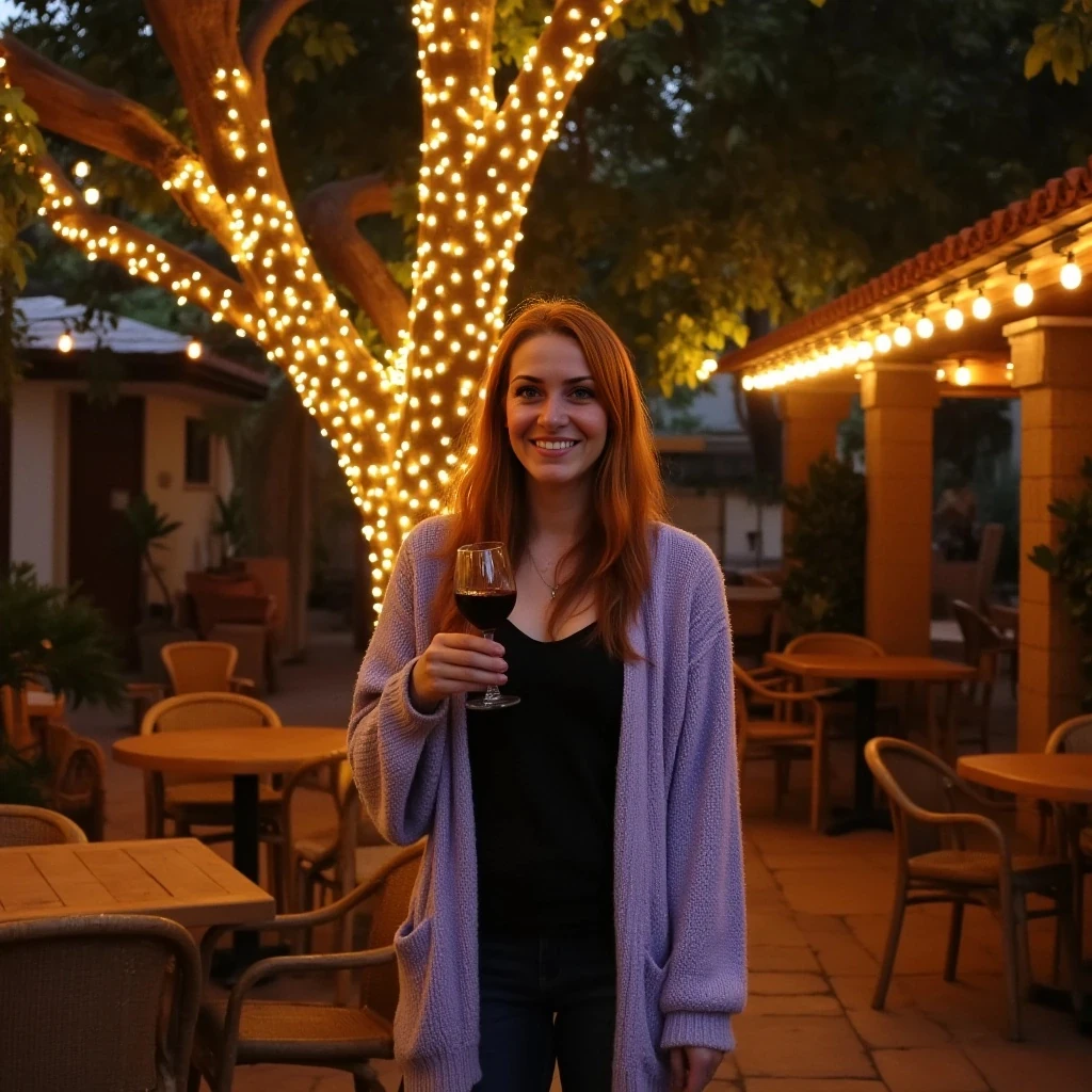 A full body shot photo of a woman standing outdoors at a cozy, warmly lit patio in the evening, with soft, glowing lights wrapped around a tree behind them creating a charming atmosphere. The image is rich in detail, with warm tones and clear textures throughout. The woman has fair skin, a slim build, and long reddish-blonde hair, also worn loose. She is smiling warmly at the camera, holding a glass of red wine in her right hand, and wears a soft-textured lavender cardigan over a black top. The background features a large tree with sparkling string lights wrapped around its trunk and branches, adding a magical touch to the scene. The setting suggests a private outdoor seating area, with elements like terracotta-tiled roofing, greenery, and rattan chairs contributing to a serene, inviting vibe. The overall composition is balanced, with the woman framed against the softly glowing tree, and the lighting enhances the warm, intimate feel of a quiet evening shared among friends. The details are vivid, with textures of clothing, skin, and background elements clearly visible, while the warm lighting creates a relaxed and joyful mood