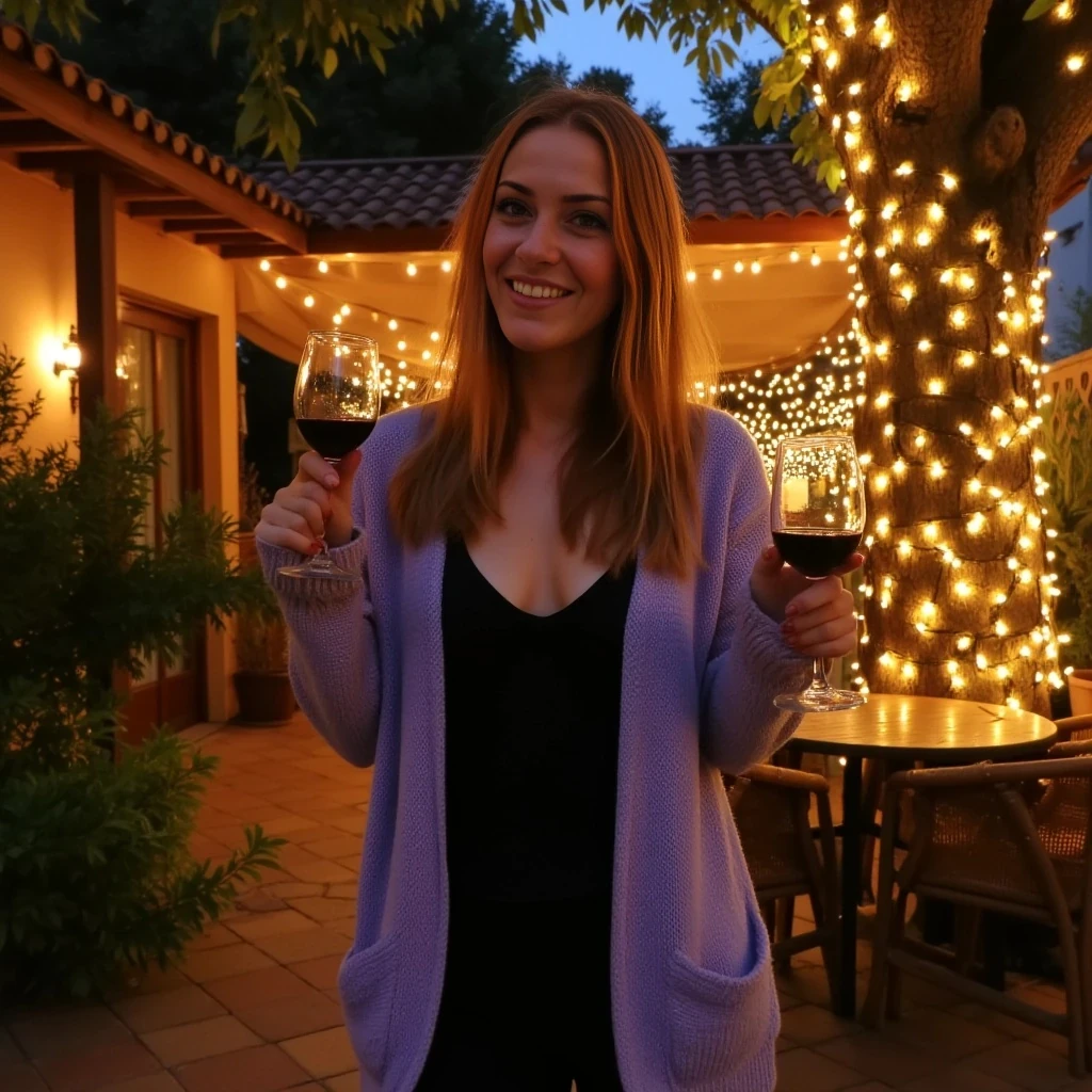 A full body shot photo of a woman standing outdoors at a cozy, warmly lit patio in the evening, with soft, glowing lights wrapped around a tree behind them creating a charming atmosphere. The image is rich in detail, with warm tones and clear textures throughout. The woman has fair skin, a slim build, and long reddish-blonde hair, also worn loose. She is smiling warmly at the camera, holding a glass of red wine in her right hand, and wears a soft-textured lavender cardigan over a black top. The background features a large tree with sparkling string lights wrapped around its trunk and branches, adding a magical touch to the scene. The setting suggests a private outdoor seating area, with elements like terracotta-tiled roofing, greenery, and rattan chairs contributing to a serene, inviting vibe. The overall composition is balanced, with the woman framed against the softly glowing tree, and the lighting enhances the warm, intimate feel of a quiet evening shared among friends. The details are vivid, with textures of clothing, skin, and background elements clearly visible, while the warm lighting creates a relaxed and joyful mood
