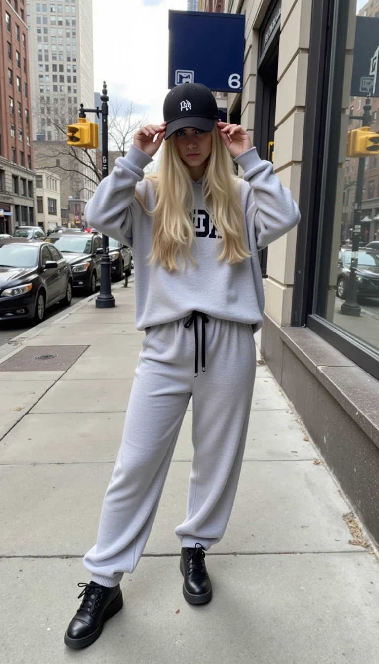 picture of Blondiva in a fashionable grey baggy oversized tracksuit posing for the picture in the streets of new york city. she is wearing a black cap which she is pulling down to cover her face