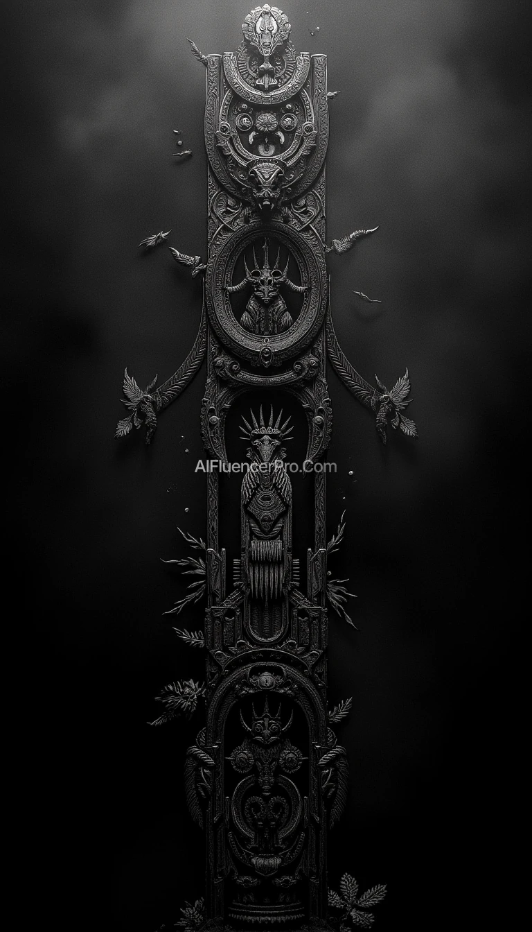 Image Description: A striking cover image dominated by black and gray shades, creating a somber and intense atmosphere. The composition includes abstract totems and cryptic symbols that hint at hidden meanings and deeper narratives. These elements are artistically blended to evoke a sense of mystery and intrigue, perfect for representing themes of secrecy and the unknown.

Style: A blend of modern and tribal art styles, using minimalist color schemes to focus on the texture and form of the totems and symbols, enhancing the overall visual depth and appeal.