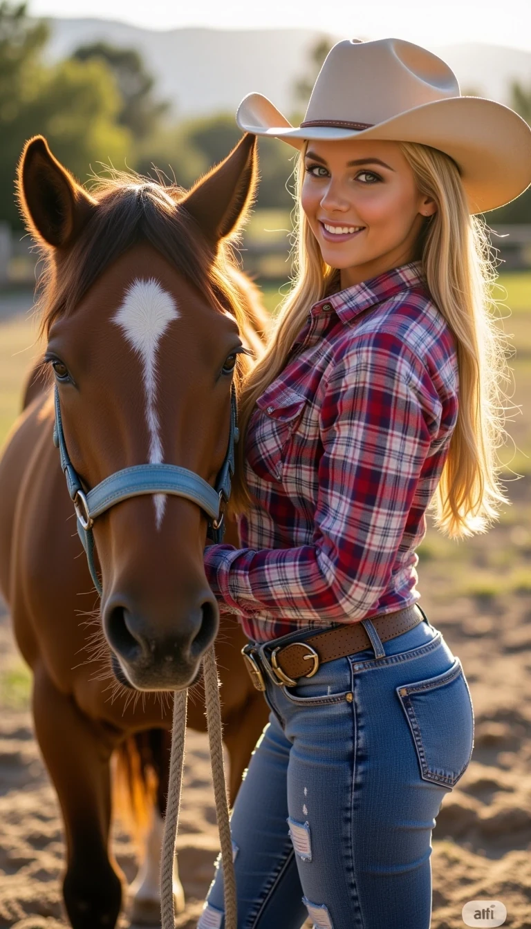 CSTMDL in cute western wear standing beside a pretty brown horse holding on to the reigns smiling 