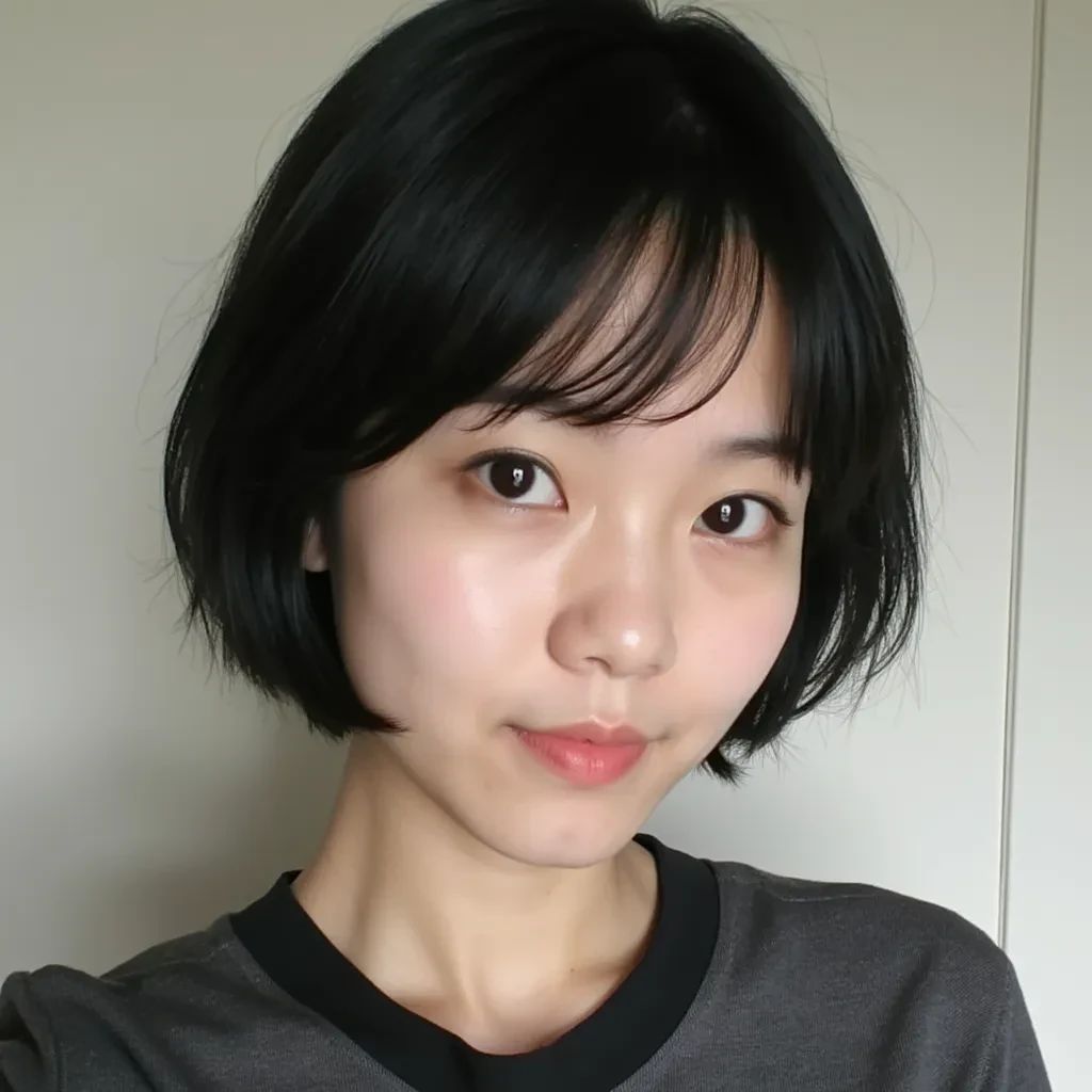 boring low quality snapchat photo circa 2015, cute japanese woman in her late 20s, soft pixie cut black hair, pale skin , selfie