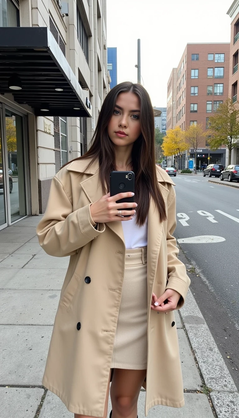 CSTMDL, 18-year-old brunette with long straight hair takes a selfie on the street, wearing a beige oversized blazer, mini skirt, and boots. Urban background, autumn vibe, natural amateur photo.