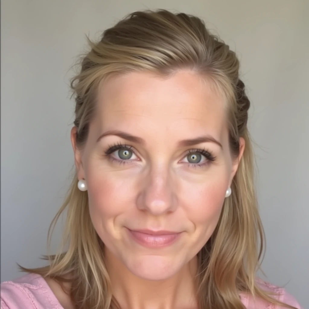 boring low quality snapchat photo circa 2015, cute busty middle-age woman, blonde medium-length hair tied back, pearl earrings, subtle makeup, clean studio light