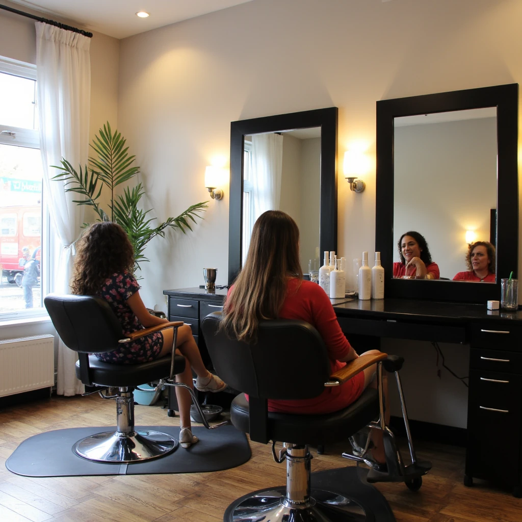 sitting in a chair at a beauty salon 
