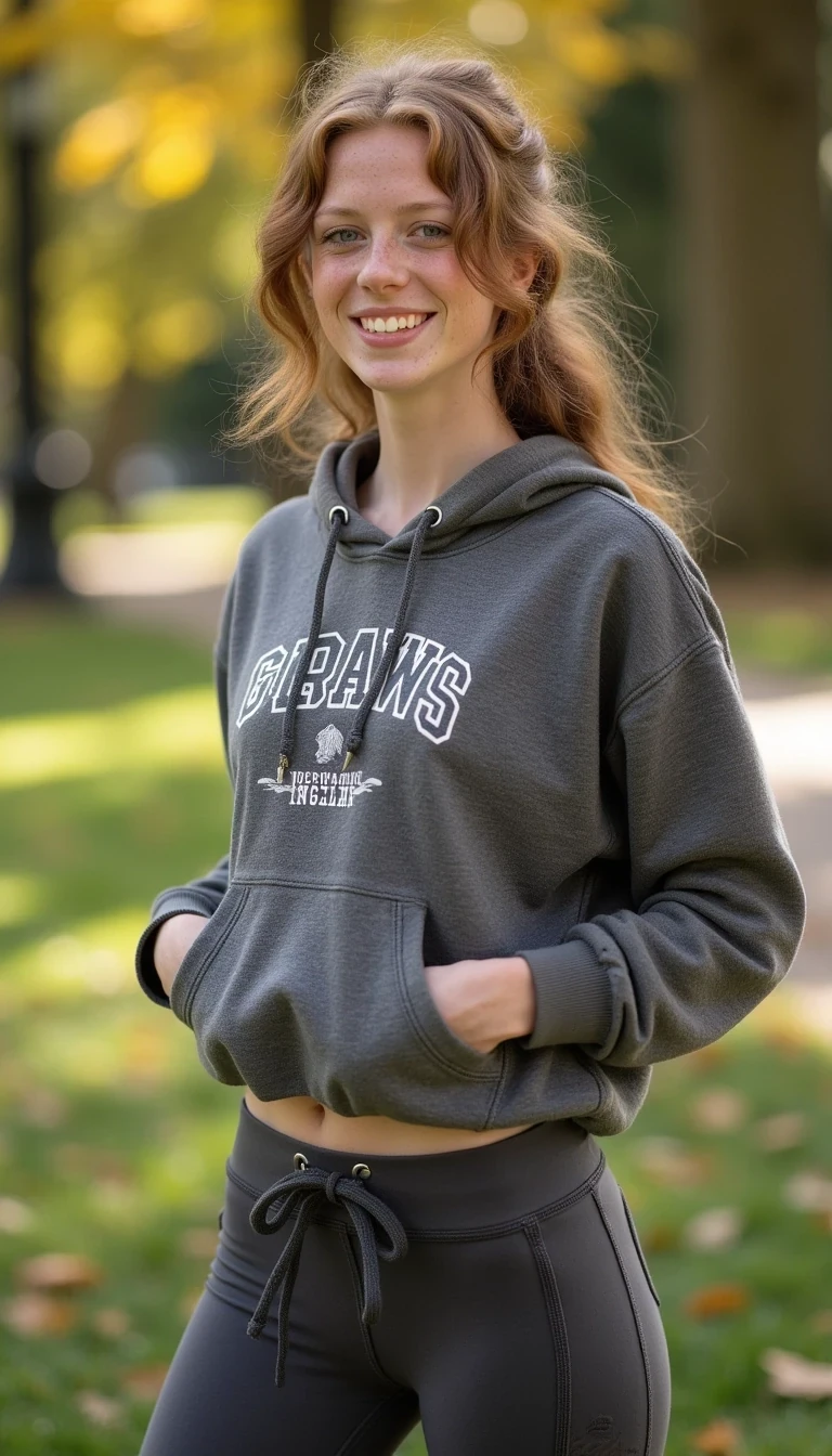 photo of high school woman CSTMDL, wearing yoga pants and a sweatshirt, in a park