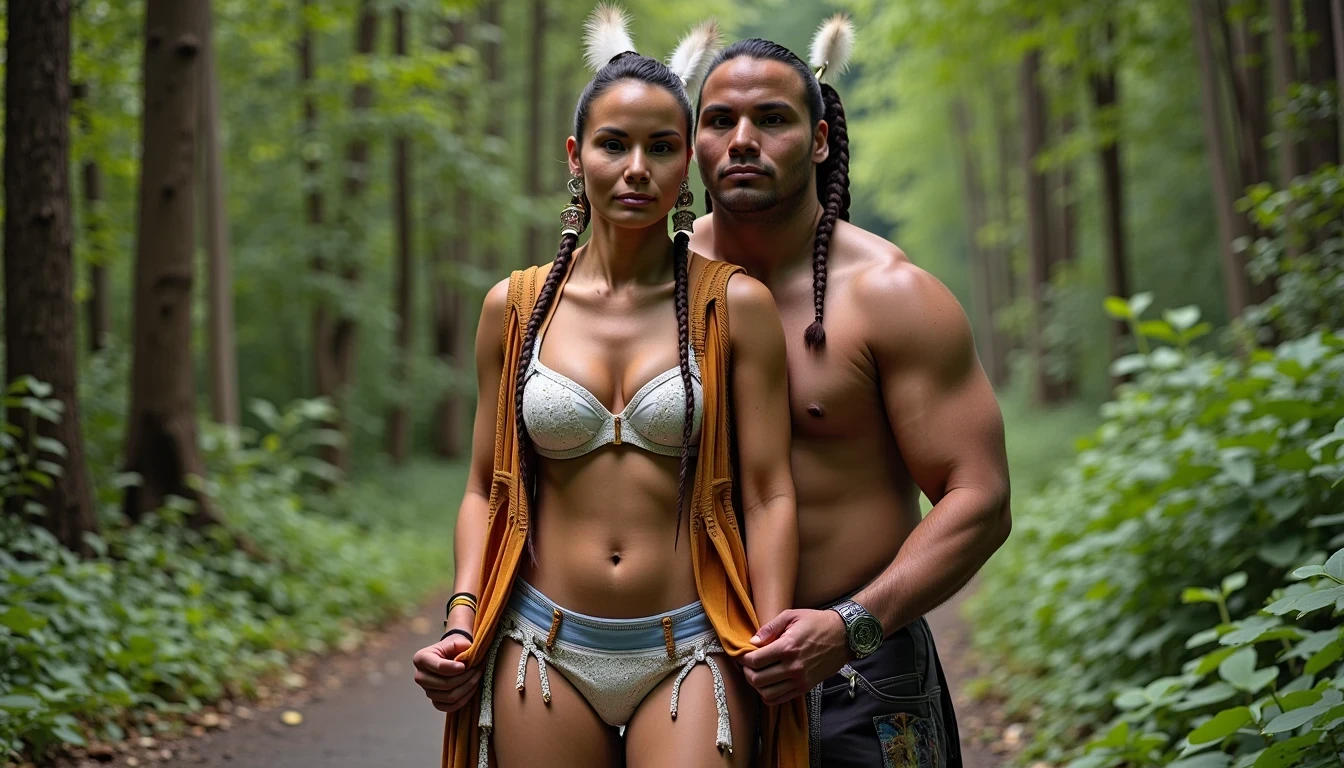 photo of woman CSTMDL, a medium shot photo of, a slim woman, her full body is in the scene, she has a slender petite build with petite small boobs and a flat chest, she has small dark skin nipples with long pointy nipple ducts and small dark skinned areolas, her hair is styled with two long braids she has eagle plumes in her hair, she is not wearing earrings, she is wearing daisy duke denim booty shorts, she is wearing a native American style vest in a golden yellow color over top of her underwear, her vest is open exposing her strapless bra, her bra is a strapless white lace bra, she is wearing white lace panties, she is wearing ankle height smoked hide moccasins, natural lighting, natural light, amateur photography, shot on an iPhone, she is standing with her legs spread wide apart in a densely wooded forest, she is maintaining intense eye contact with the camera, there is a giant native American fat man twice her height kneeling directly behind her holding onto gripping the woman's waistline, the man is holding her in front of him, the man is a real giant twice the height of an average male, public setting, Hyper realism, ultra-sharp focus, highly detailed, natural lighting, natural light, amateur photography,