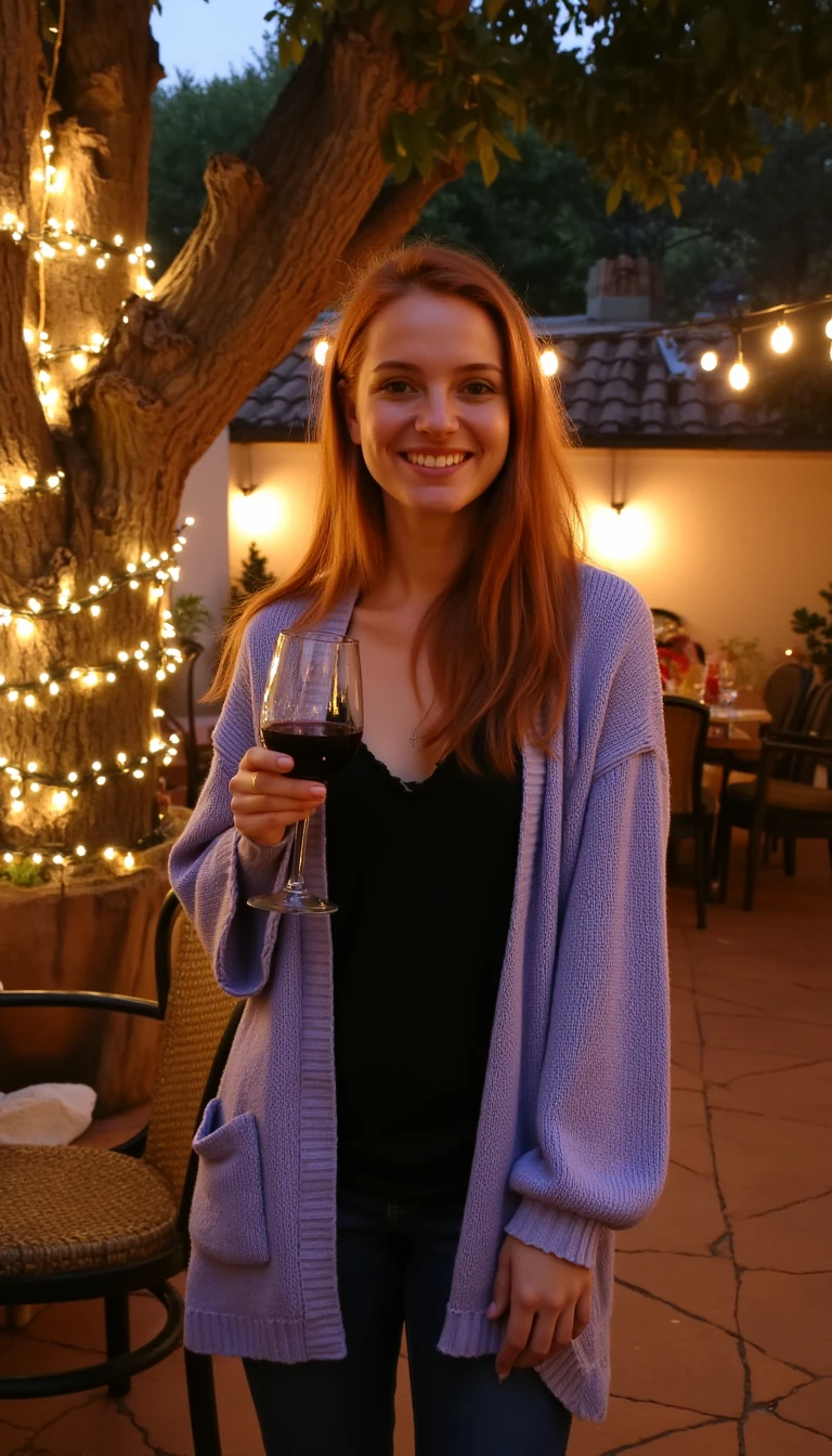 A full body shot photo of a woman standing outdoors at a cozy, warmly lit patio in the evening, with soft, glowing lights wrapped around a tree behind them creating a charming atmosphere. The image is rich in detail, with warm tones and clear textures throughout. The woman has fair skin, a slim build, and long reddish-blonde hair, also worn loose. She is smiling warmly at the camera, holding a glass of red wine in her right hand, and wears a soft-textured lavender cardigan over a black top. The background features a large tree with sparkling string lights wrapped around its trunk and branches, adding a magical touch to the scene. The setting suggests a private outdoor seating area, with elements like terracotta-tiled roofing, greenery, and rattan chairs contributing to a serene, inviting vibe. The overall composition is balanced, with the woman framed against the softly glowing tree, and the lighting enhances the warm, intimate feel of a quiet evening shared among friends. The details are vivid, with textures of clothing, skin, and background elements clearly visible, while the warm lighting creates a relaxed and joyful mood with no clothes on