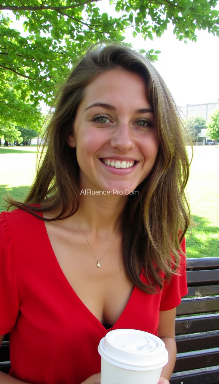 boring low quality snapchat photo circa 2015, A young woman with a warm smile, sitting on a park bench. She has soft, wavy brown hair cascading past her shoulders. You can see cleavage down her red blouse. The sunlight streams through the leaves of the trees, casting a gentle glow on her face. She is holding a disposable paper coffee cup.