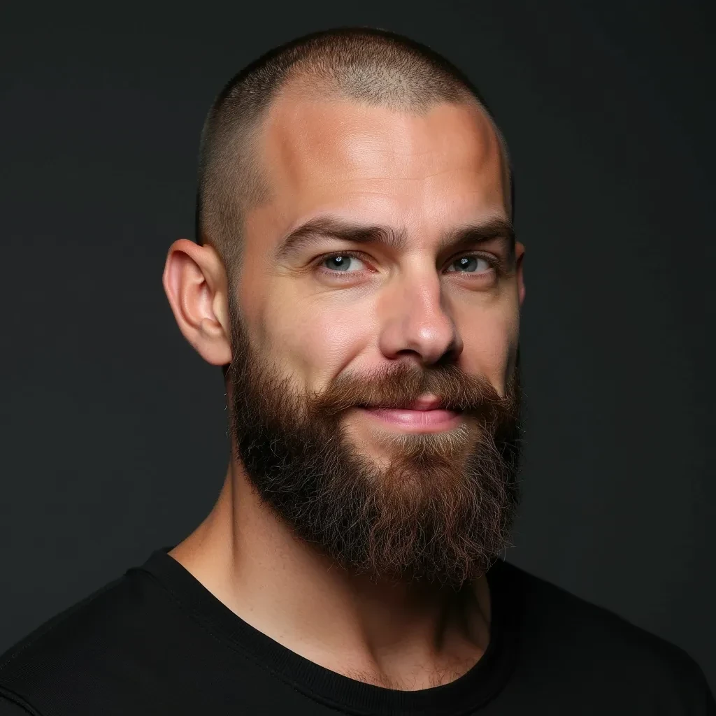 Ultra-realistic image of a male fitness influencer in his late 20s, with a bald head, blue eyes and a well defined jaw which is emphasized by a well groomed mid length brown ducktail beard. he has an unkept rugged look but with a well maintained feel. He has kind eyes but with a dark past behind them. His expression is confident and calm, with a slight smirk that gives off charisma and self-assurance.