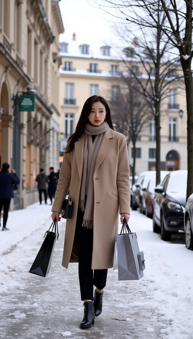 A young Korean woman walking down Avenue Montaigne in Paris, dressed warmly yet stylishly. it's just cold. no snow. She wears a luxurious coat, perhaps made of wool or cashmere, paired with a chic scarf and gloves. Her outfit is completed with ankle boots and a designer handbag. She carries several shopping bags from the high-end boutiques, exuding both confidence and sophistication. The crisp winter air adds a touch of elegance, as the snow-dusted Parisian architecture and the subtle winter sunlight reflect the glamour of the scene.