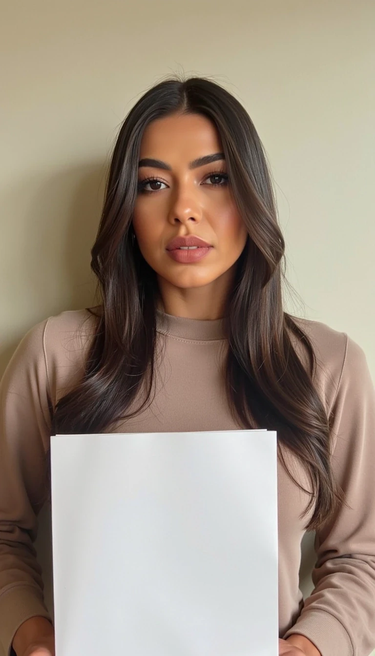 photo of woman CSTMDL, holding a piece of white paper, wall background, natural lighting, boring low quality snapchat photo circa 2015, selfie, cute woman, long sleeve clothes, full upper body photo