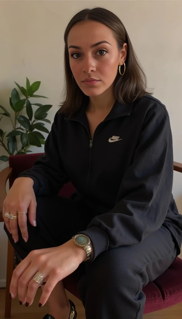 Sitting in a small council flat wearing and Nike tracksuit with hoop earrings rings, looking sexy 
