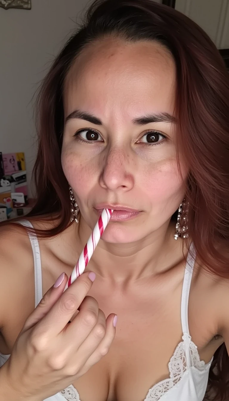 A selfie photo close up of CSTMDL a slim 35-year-old native American woman,  she poses seductively for the camera, she maintains intense eye contact with the camera at all times, she is topless wearing white lace panties, she is sucking on a very thick candycane, realistic, 