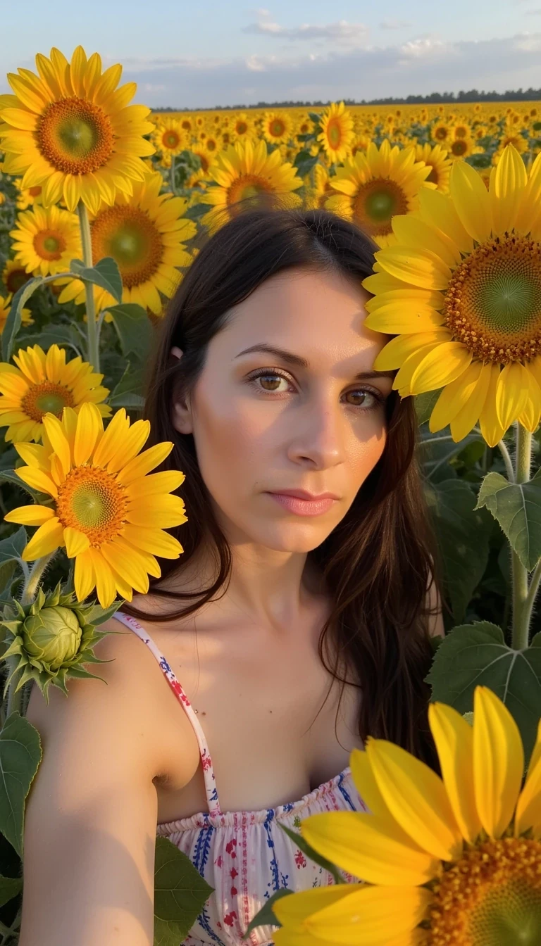 photo of cute woman surrounded by sunflowers
