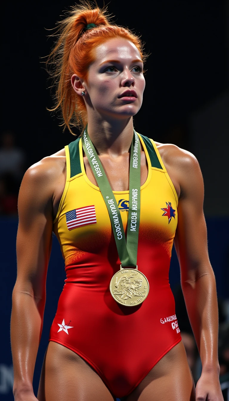 Lifelike 8k HD photo taken by an experienced professional photographer of sports illustrated, the image is of the CSTMDL woman looking sexy in the Australian national Olympic wrestling singlet. It is the Olympic summer Games in Paris, France in 2024. She is standing atop the podium with her gold medal around her neck. Her vibrant red hair is in a high ponytail, she is glistening with sweat, her huge breasts are a focal point of the picture 