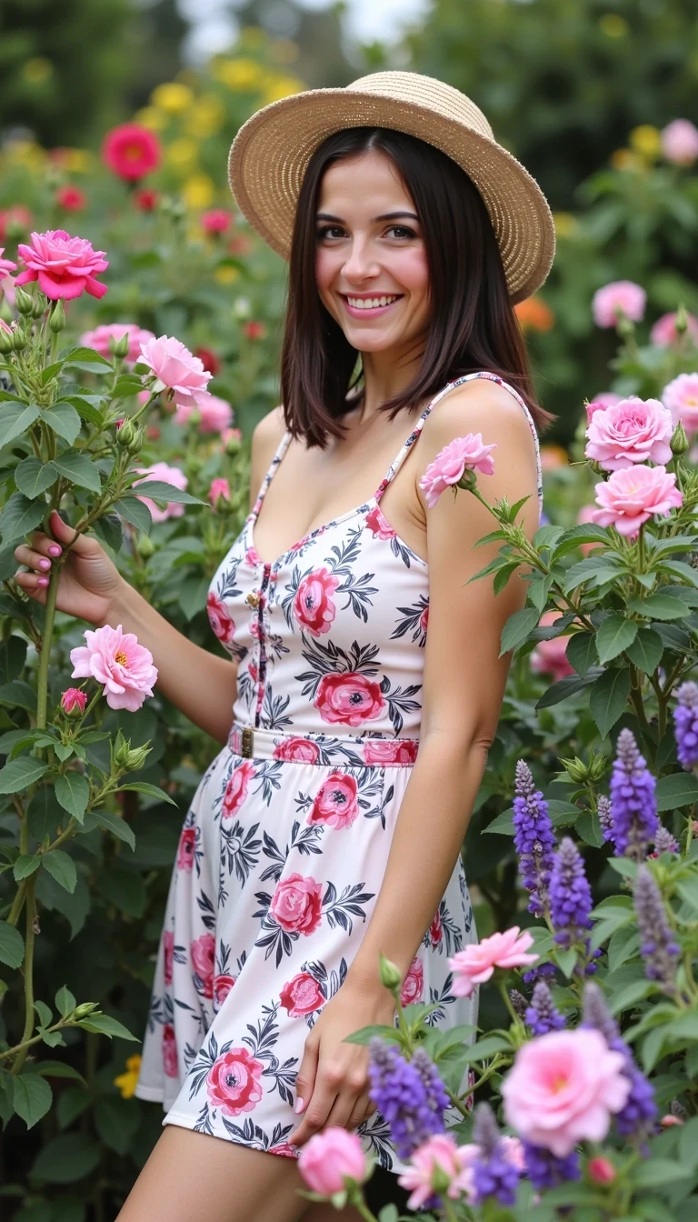 Full body shot of CSTMDL Nyxie 2 in a botanical garden, surrounded by blooming roses and lavender, wearing a floral dress and a sunhat, smiling as she gently touches a flower.