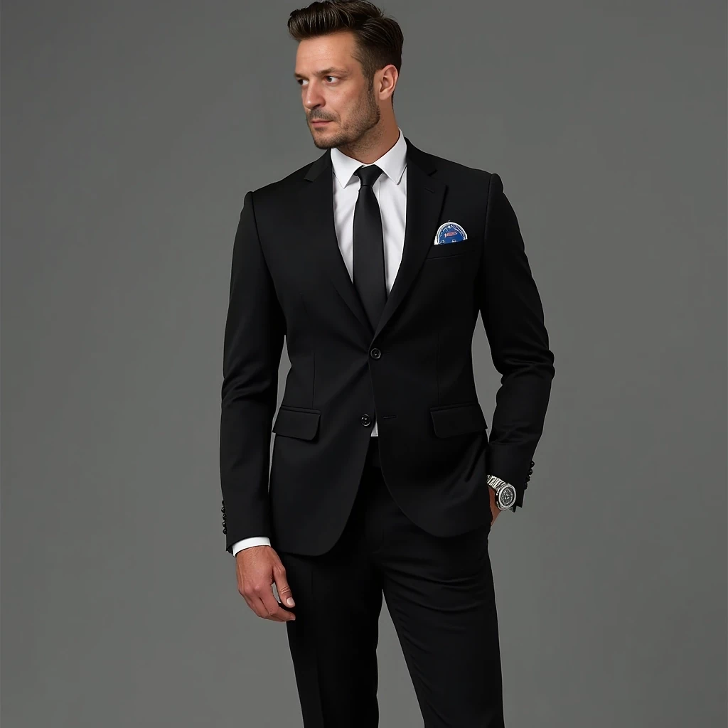 An athletic yet lean build, with broad shoulders and a straight posture that exudes confidence and control. His physique reflects strength and agility, but without excessive bulk, highlighting a man who is fit and ready for action. His tailored suit fits him perfectly, emphasizing his sharp silhouette. The single-breasted black jacket, with a subtle sheen, is paired with a crisp white dress shirt and a slim black tie, radiating sophistication and timeless elegance. The trousers are immaculately cut, elongating his frame and complementing his polished black leather shoes. On his wrist, a sleek Omega Seamaster Diver watch with a blue bezel gleams subtly, adding a modern, luxurious touch. 