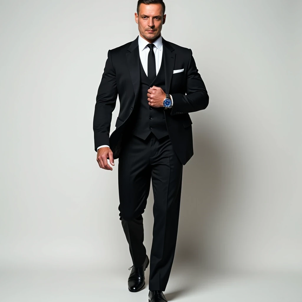 An athletic yet lean build, with broad shoulders and a straight posture that exudes confidence and control. His physique reflects strength and agility, but without excessive bulk, highlighting a man who is fit and ready for action. His tailored suit fits him perfectly, emphasizing his sharp silhouette. The single-breasted black jacket, with a subtle sheen, is paired with a crisp white dress shirt and a slim black tie, radiating sophistication and timeless elegance. The trousers are immaculately cut, elongating his frame and complementing his polished black leather shoes. On his wrist, a sleek Omega Seamaster Diver watch with a blue bezel gleams subtly, adding a modern, luxurious touch. 