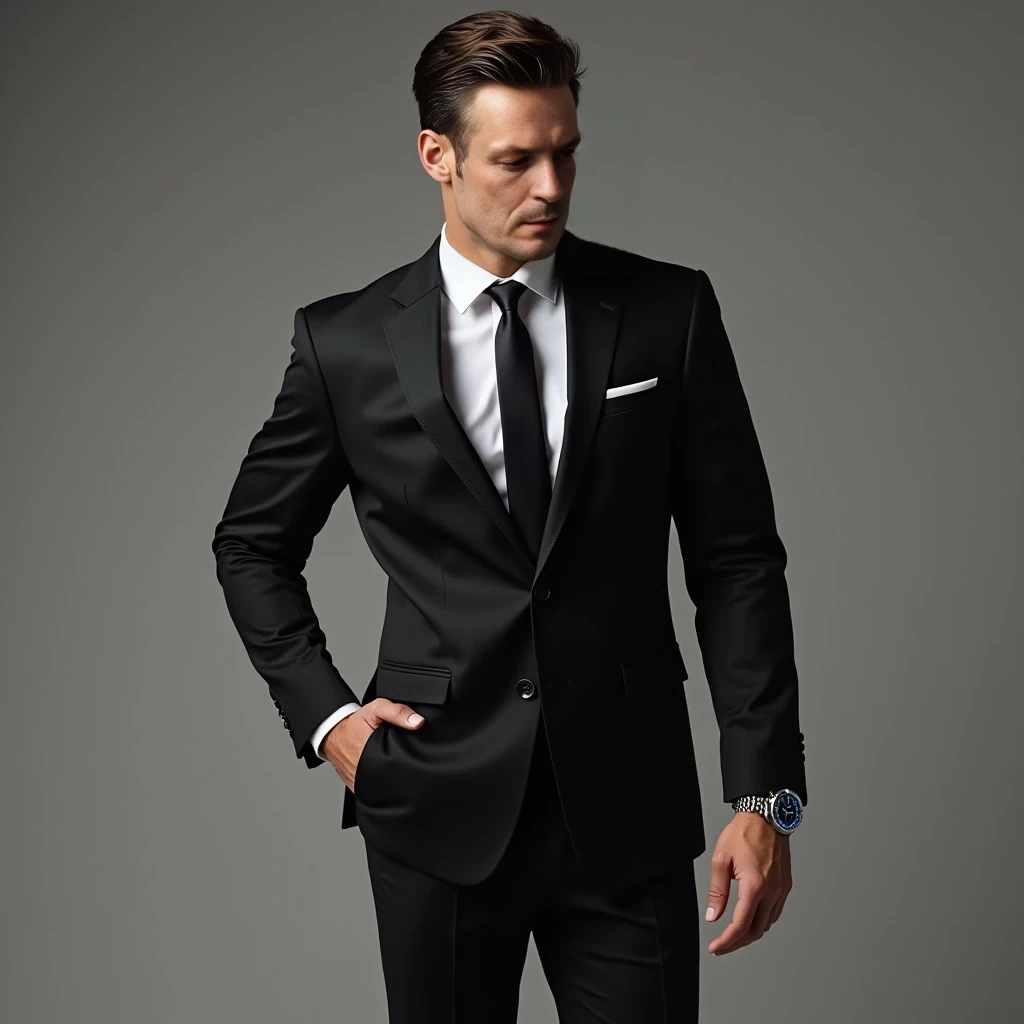 An athletic yet lean build, with broad shoulders and a straight posture that exudes confidence and control. His physique reflects strength and agility, but without excessive bulk, highlighting a man who is fit and ready for action. His tailored suit fits him perfectly, emphasizing his sharp silhouette. The single-breasted black jacket, with a subtle sheen, is paired with a crisp white dress shirt and a slim black tie, radiating sophistication and timeless elegance. The trousers are immaculately cut, elongating his frame and complementing his polished black leather shoes. On his wrist, a sleek Omega Seamaster Diver watch with a blue bezel gleams subtly, adding a modern, luxurious touch. 