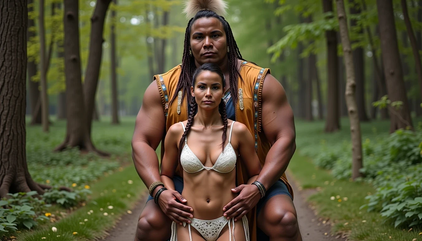 photo of woman CSTMDL, a medium shot photo of, a slim woman, her full body is in the scene, she has a slender petite build with petite small boobs and a flat chest, she has small dark skin nipples with long pointy nipple ducts and small dark skinned areolas, her hair is styled with two long braids she has eagle plumes in her hair, she is not wearing earrings, she is wearing daisy duke denim booty shorts, she is wearing a native American style vest in a golden yellow color over top of her underwear, her vest is open exposing her strapless bra, her bra is a strapless white lace bra, she is wearing white lace panties, she is wearing ankle height smoked hide moccasins, natural lighting, natural light, amateur photography, shot on an iPhone, she is standing with her legs spread wide apart in a densely wooded forest, she is maintaining intense eye contact with the camera, there is a giant native American fat man twice her height kneeling directly behind her holding onto gripping the woman's waistline, the man is holding her in front of him, the man is a real giant twice the height of an average male, public setting, Hyper realism, ultra-sharp focus, highly detailed, natural lighting, natural light, amateur photography,