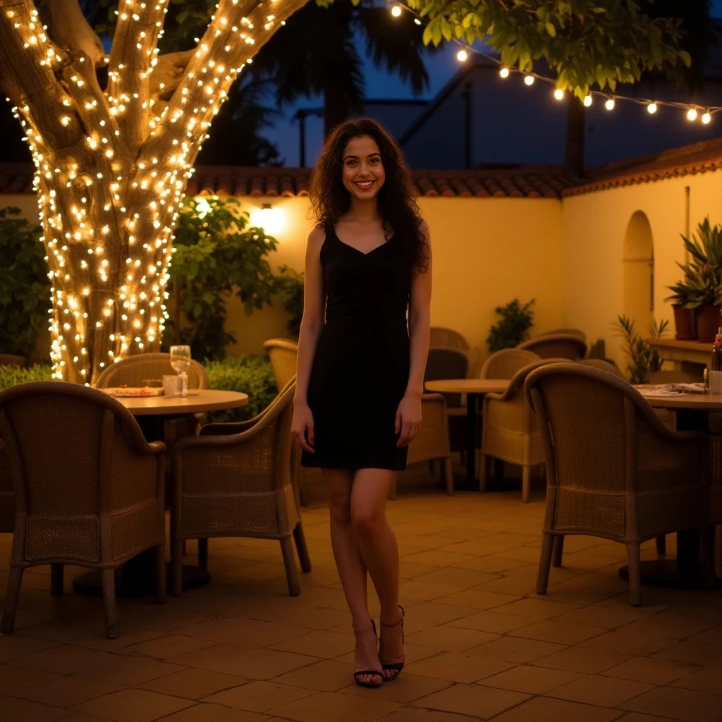 A full body shot photo of a woman standing outdoors at a cozy, warmly lit patio in the evening, with soft, glowing lights wrapped around a tree behind them creating a charming atmosphere. The image is rich in detail, with warm tones and clear textures throughout. The woman has fair skin, a slim build, and long dark curly hair, also worn loose. She is smiling warmly at the camera, and wears a soft textured black dress with heels. The background features a large tree with sparkling string lights wrapped around its trunk and branches, adding a magical touch to the scene. The setting suggests a private outdoor seating area, with elements like terracotta-tiled roofing, greenery, and rattan chairs contributing to a serene, inviting vibe. The overall composition is balanced, with the woman framed against the softly glowing tree, and the lighting enhances the warm, intimate feel of a quiet evening shared among friends. The details are vivid, with textures of clothing, skin, and background elements clearly visible, while the warm lighting creates a relaxed and joyful mood