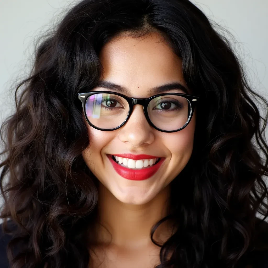 Portrait of a young woman with dark long curly hair, white skin, doe eyes, a cute smile, red lipstick on, glasses 