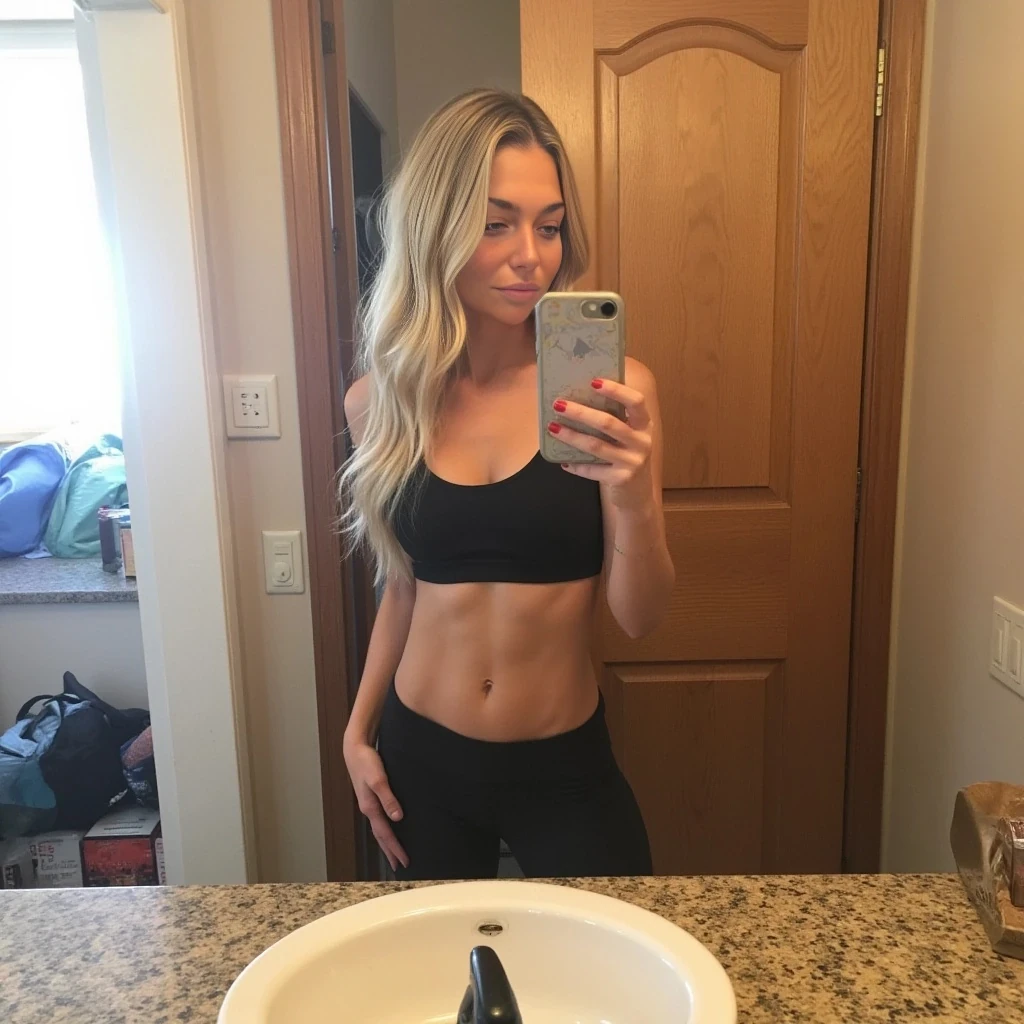 boring low quality snapchat photo circa 2015, cute woman, cute, soft blonde hair, fitness outfit