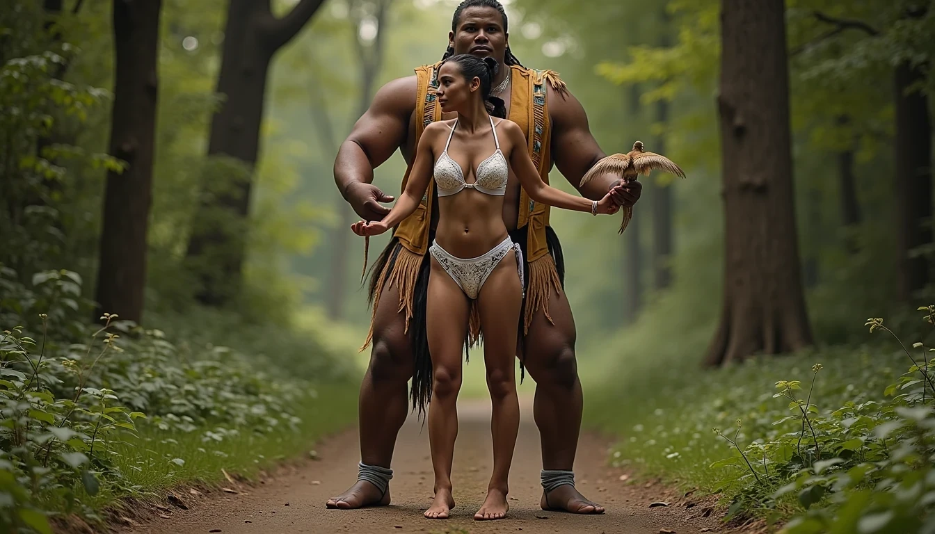 photo of woman CSTMDL, a medium shot photo of, a slim woman, her full body is in the scene, she has a slender petite build with petite small boobs and a flat chest, she has small dark skin nipples with long pointy nipple ducts and small dark skinned areolas, her hair is styled with two long braids she has eagle plumes in her hair, she is not wearing earrings, she is wearing daisy duke denim booty shorts, she is wearing a native American style vest in a golden yellow color over top of her underwear, she is holding her vest open exposing her strapless bra, her bra is a strapless white lace bra, she is wearing white lace panties, she is wearing ankle height smoked hide moccasins, natural lighting, natural light, amateur photography, shot on an iPhone, she is standing with her legs spread wide apart in a densely wooded forest, she is maintaining intense eye contact with the camera, there is a giant native American fat man standing up directly behind her holding onto the woman's waist, the man is holding her up suspended in the air in front of him, the man is a real giant, public setting, Hyper realism, ultra-sharp focus, highly detailed, natural lighting, natural light, amateur photography,