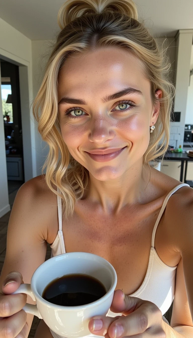 CSTMDL Mia. Selfie, A fair-skinned young woman in her 20s with a balayage blonde wavy hairs and an athletic, feminine build with breast with c-Cup. sits on the edge of her Kitchen, Kitchen Room visible in background, leaning slightly forward, hands holding a coffee mug, smiling. Natural morning light. Back straight, hair down or messy ponytail. Gaze slightly downward.
