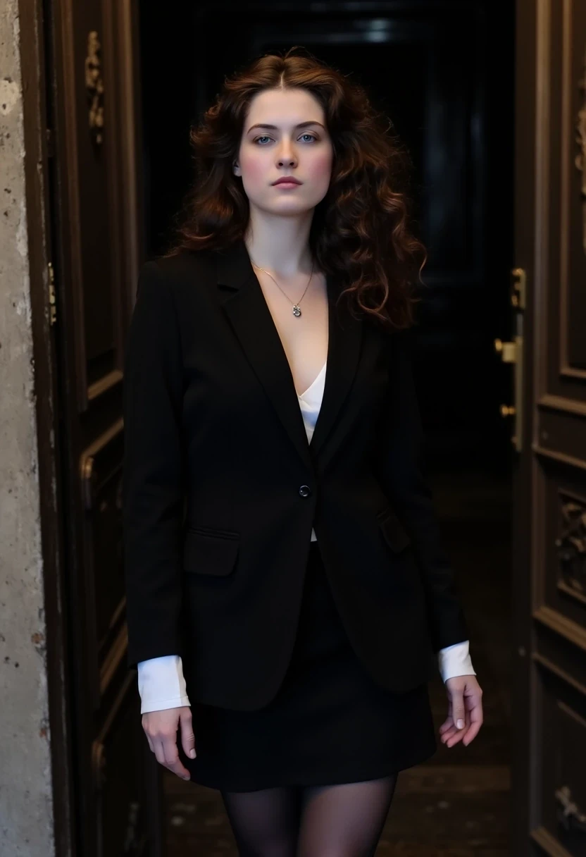 Woman CSTMDL, brunette, blue eyes, her hair are loose, she’s beautiful with a cold smile, wearing a tailored haute couture set, black blazer, black skirt, black tights and black high heels, elegant and modern, but very sexy. She also wears a white shirt under the blazer. Her clothes molds her sculptural body. Her expression is haughty and contemptuous. She looks like someone cold and unfriendly. Her skin tone is very white, (pallid), almost cadaveric. She’s wearing a small pendant. The background is a small deserted Parisian alley by (night). The light is very low, making the scene a bit worrying and frightening.