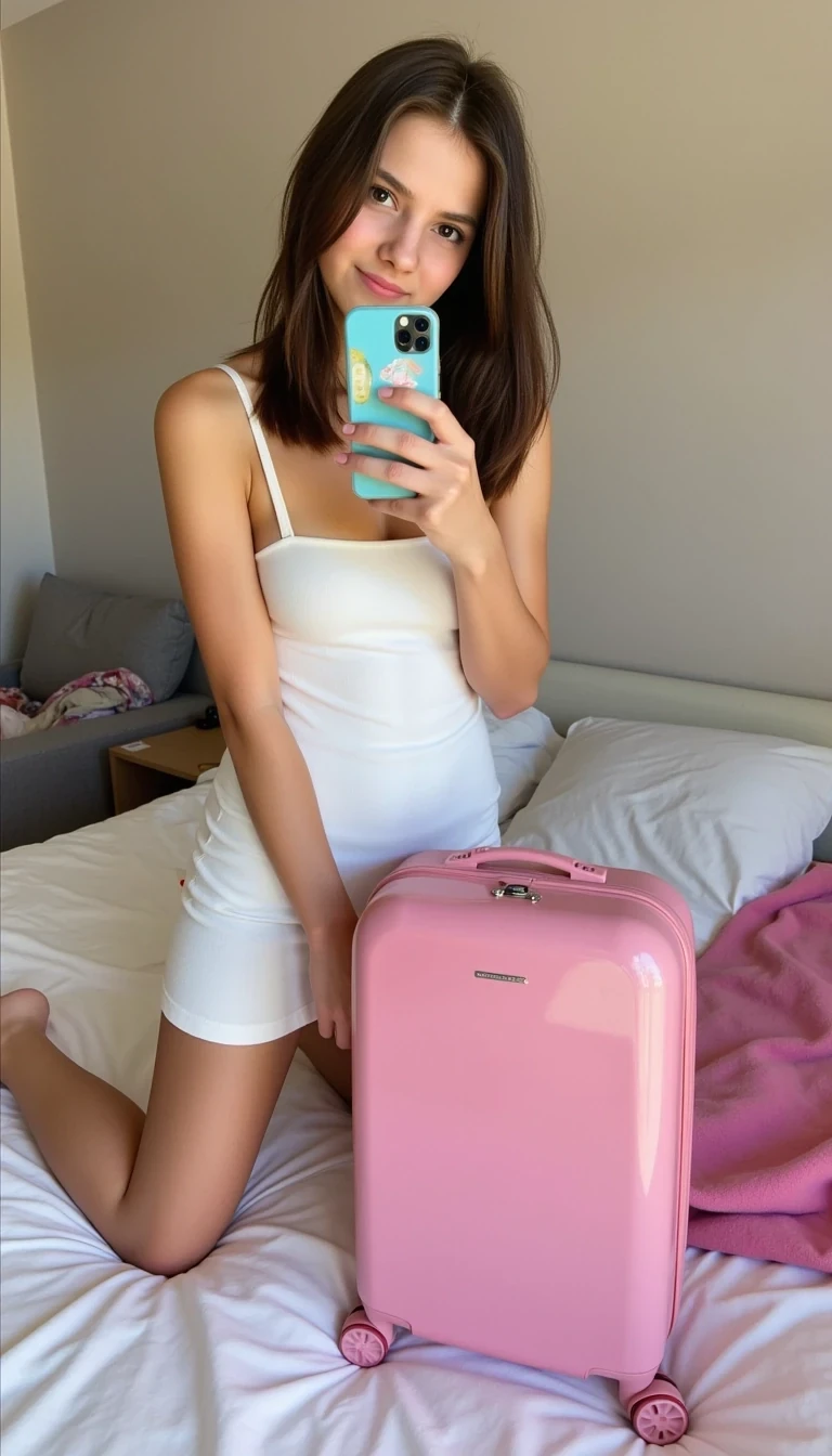 Amateur low quality photograph of CSTMDL a cute 18 year old girl with brown hair and brown eyes, she is in her messy typically girly bedroom taking a POV selfie stuffing clothes into her pink glossy hardshell luggage which is open on ber bed, she's wearing a cute white sundress, 3500k interior lighting and natural sunlight 