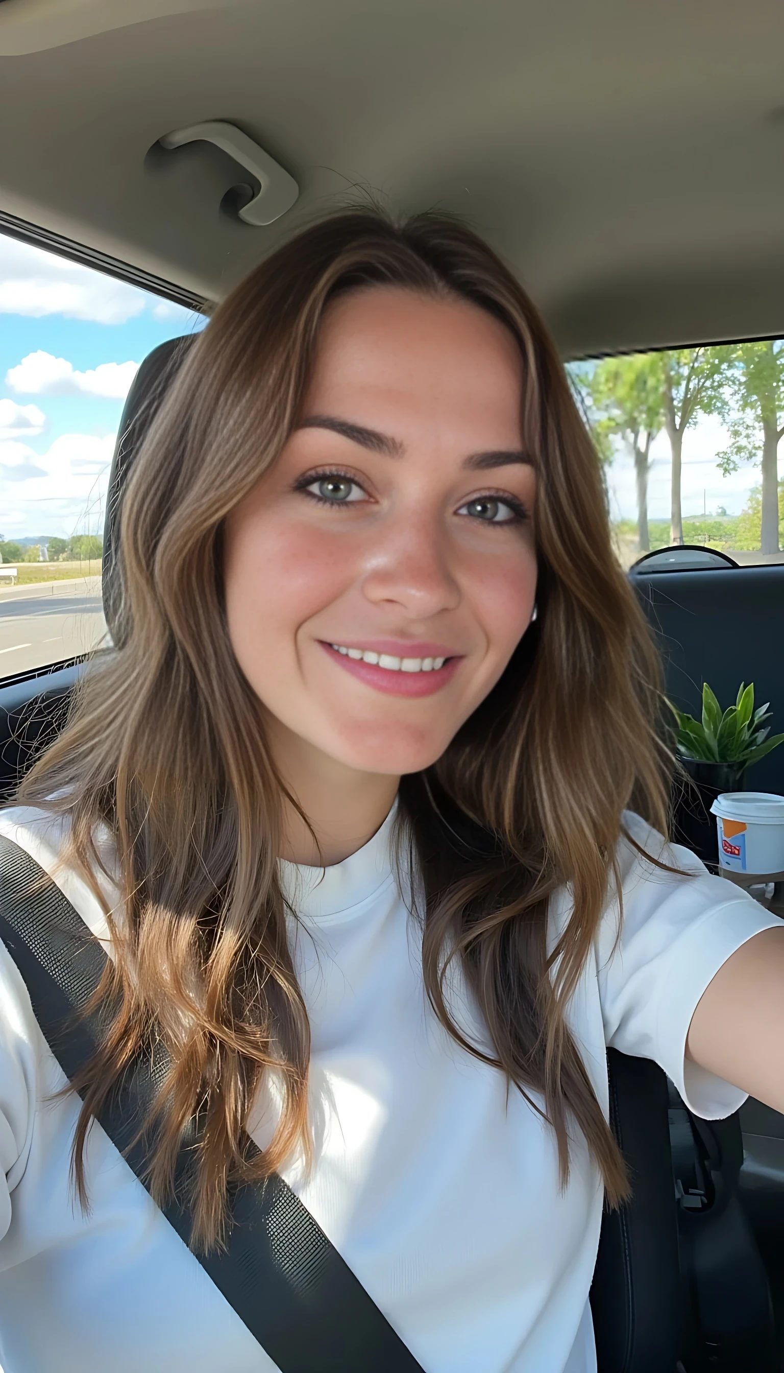 boring low quality snapchat photo circa 2015, A young woman with a warm smile, sitting in the driver's seat of a cozy car. She has soft, wavy brown hair cascading past her shoulders. The sunlight streams through the window, casting a gentle glow on her face. The interior of the car is neat and comfortable, with a coffee cup in the cup holder and a small plant on the dashboard. The background outside the window shows a scenic road lined with trees and blue skies
