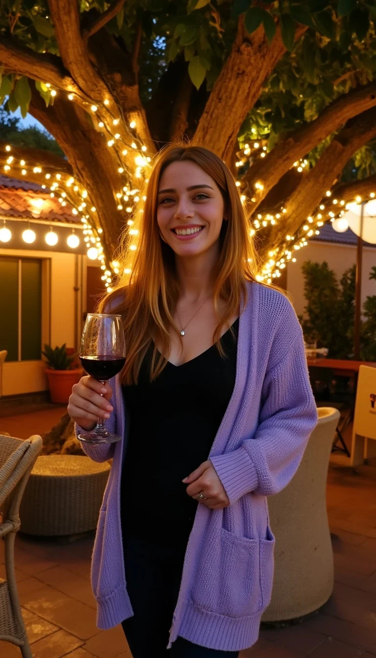 A full body shot photo of a woman standing outdoors at a cozy, warmly lit patio in the evening, with soft, glowing lights wrapped around a tree behind them creating a charming atmosphere. The image is rich in detail, with warm tones and clear textures throughout. The woman has fair skin, a slim build, and long reddish-blonde hair, also worn loose. She is smiling warmly at the camera, holding a glass of red wine in her right hand, and wears a soft-textured lavender cardigan over a black top. The background features a large tree with sparkling string lights wrapped around its trunk and branches, adding a magical touch to the scene. The setting suggests a private outdoor seating area, with elements like terracotta-tiled roofing, greenery, and rattan chairs contributing to a serene, inviting vibe. The overall composition is balanced, with the woman framed against the softly glowing tree, and the lighting enhances the warm, intimate feel of a quiet evening shared among friends. The details are vivid, with textures of clothing, skin, and background elements clearly visible, while the warm lighting creates a relaxed and joyful mood