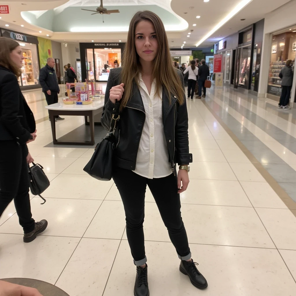 boring low quality snapchat photo circa 2015, average looking woman, full outfit, standing, soft light brown hair, mall background